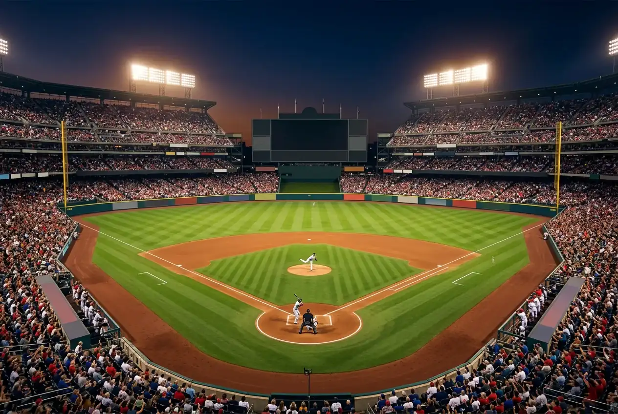 Estadio de béisbol MLB iluminado durante un partido nocturno con el diamante en primer plano