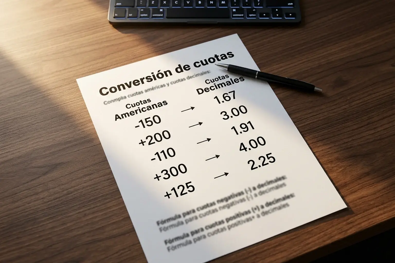 Documento con fórmulas de conversión entre cuotas americanas y decimales para apuestas de béisbol