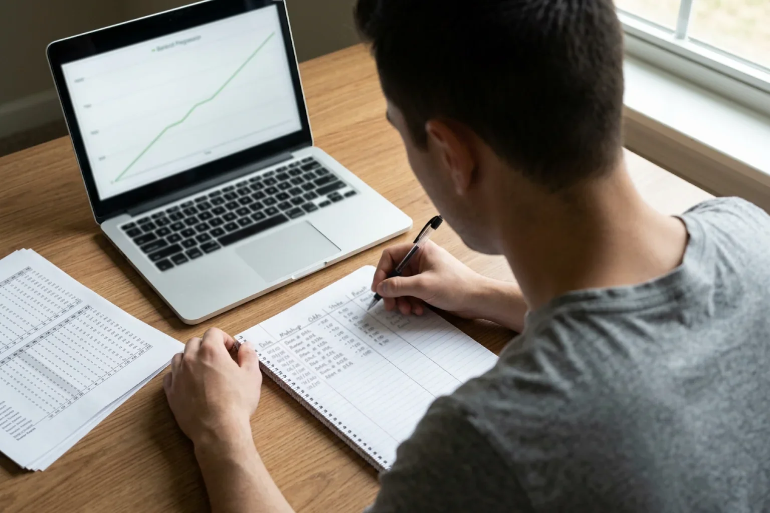 Persona analizando estrategias de apuestas MLB con un cuaderno de gestión de bankroll y gráficos de rendimiento