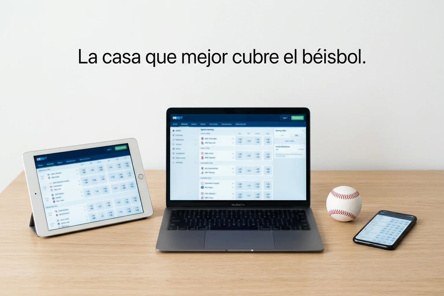 Escritorio con varios dispositivos mostrando plataformas de apuestas de béisbol MLB en pantalla