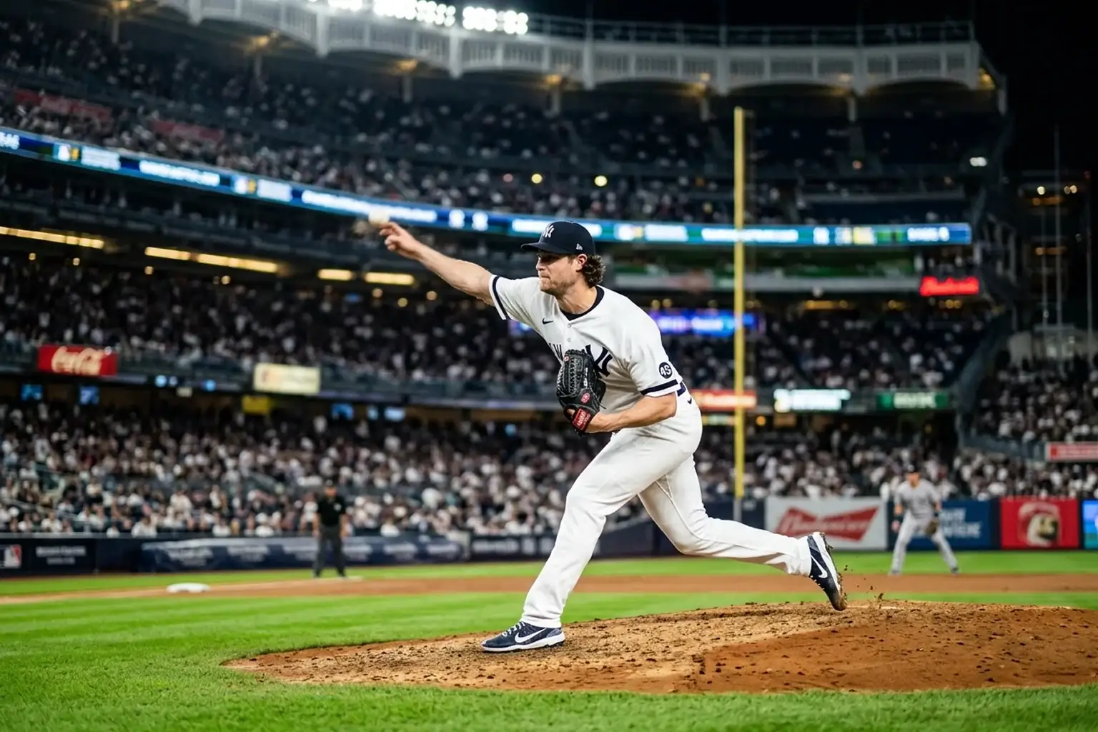 Pitcher abridor de la MLB en el montículo durante un lanzamiento con estadísticas de rendimiento superpuestas