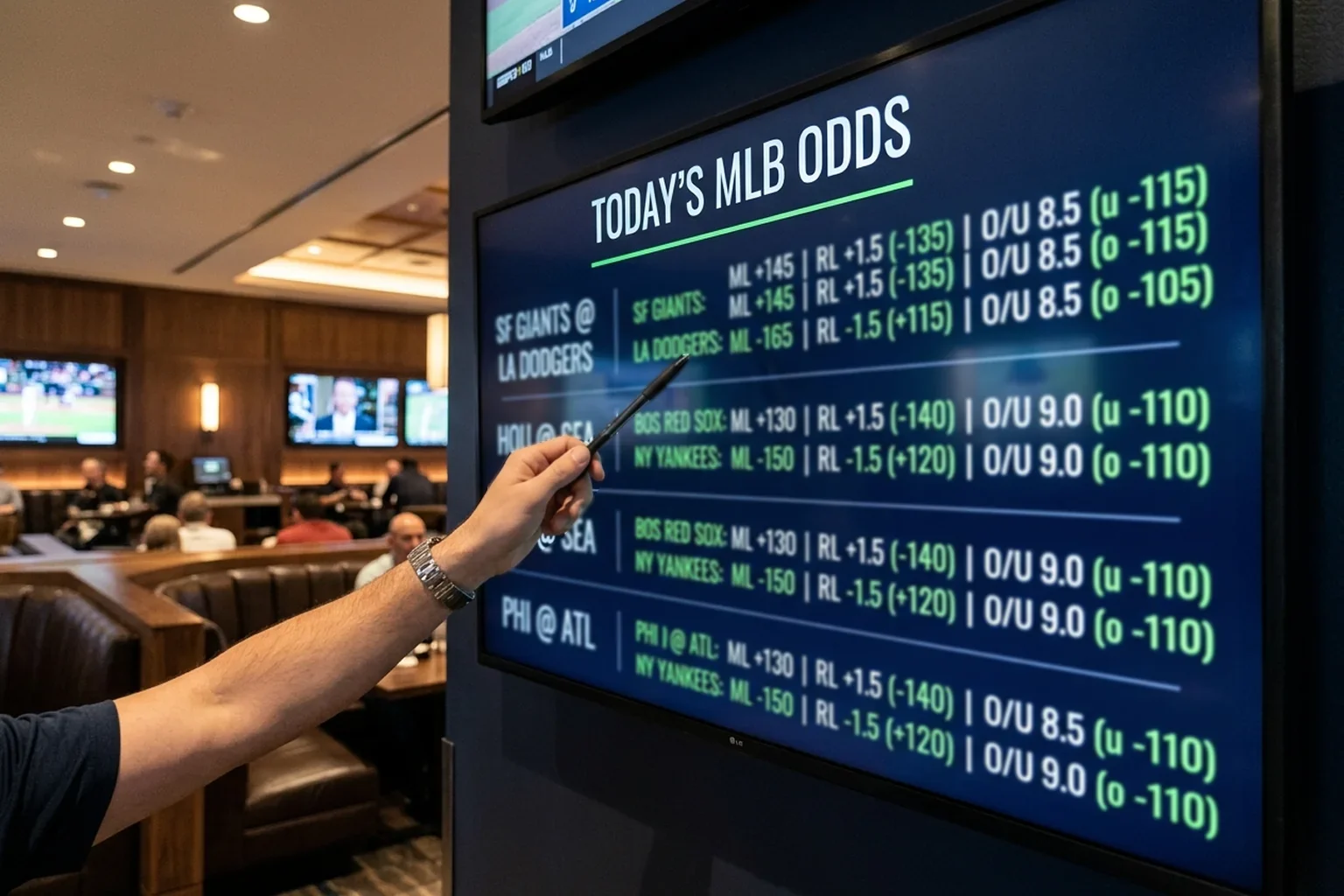 Pizarra deportiva mostrando diferentes tipos de apuestas MLB con cuotas de moneyline y run line